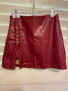 Burgundy Faux Leather Mini Skirt with Metal Button Detail SZ LARGE